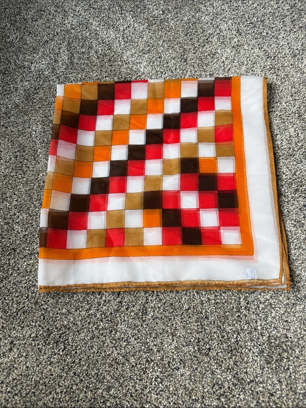 Vintage Scarf – Orange, Red & Brown Geometric Checkerboard Chiffon